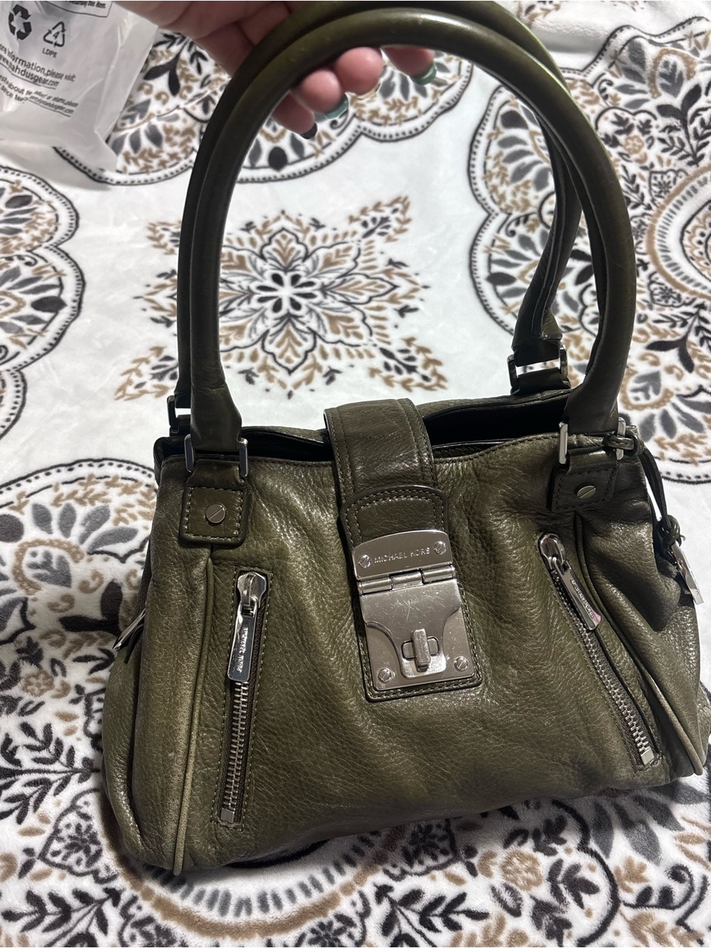 Michael Kors Olive Leather Satchel with Silver Hardware
